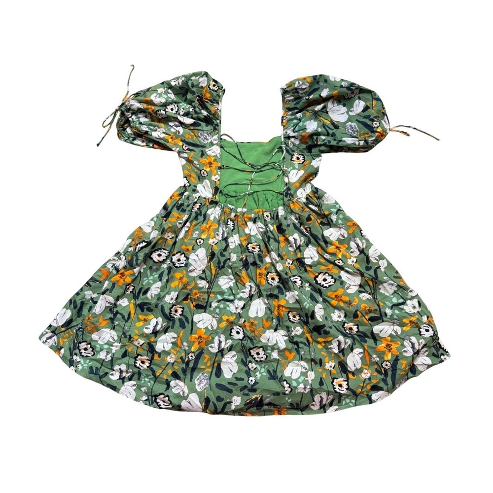 By Together Green Floral Puff Sleeve Lace Up Back Mini Dress L6258 Small (D) - Picture 2 of 7